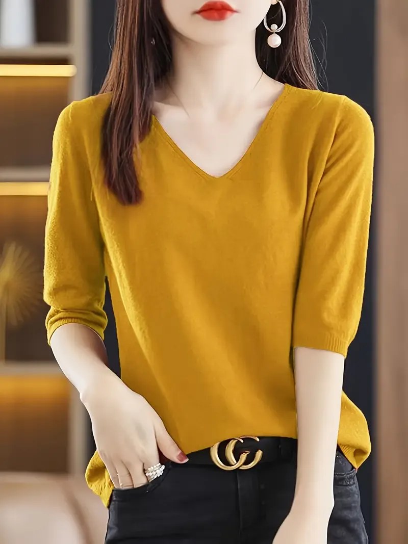 Solid Color V-neck Sweater, Versatile Half Sleeve Knitted Top For Spring & Fall, Women's Clothing