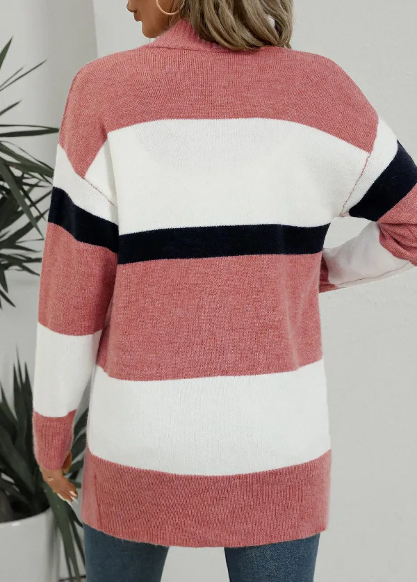 Pink Button Striped Long Sleeve Cardigan