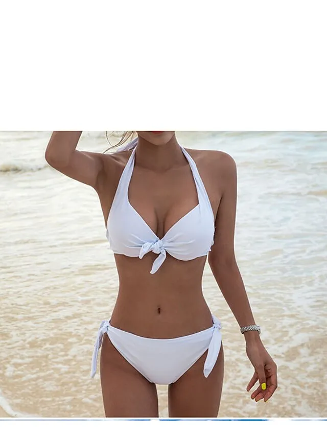 Women's Swimwear Bikini 2 Piece Normal Swimsuit 2 Piece Push Up Sexy Pure Color Black White Red Royal Blue Padded Scoop Neck Bathing Suits New Beach Wear Sexy