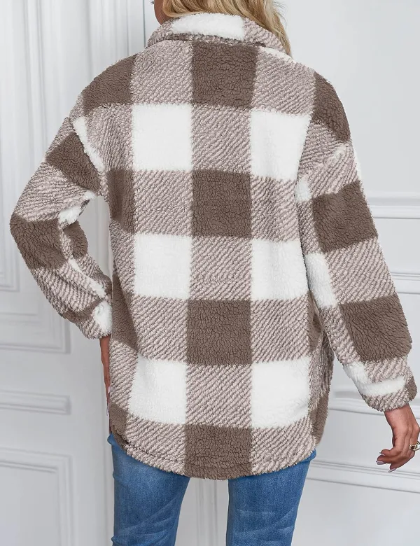 Women's Fleece Plaid Jacket Coats Button Down Lapel Sherpa Shacket Outwear with Pockets