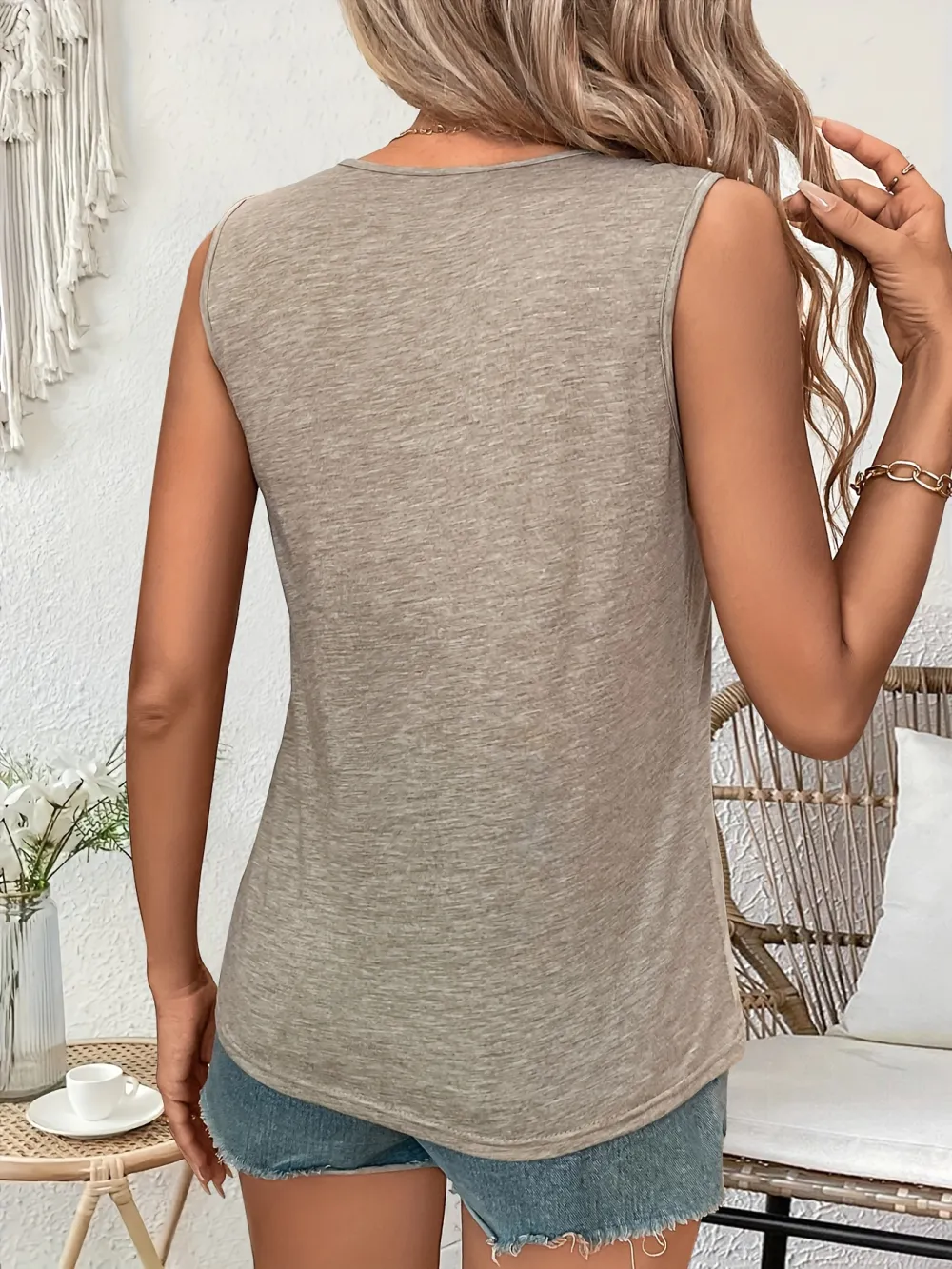 French-Inspired Sleeveless V-Neck Tank Top with Lace Detail - Breathable Polyester Blend, Machine Washable - Perfect for Summer