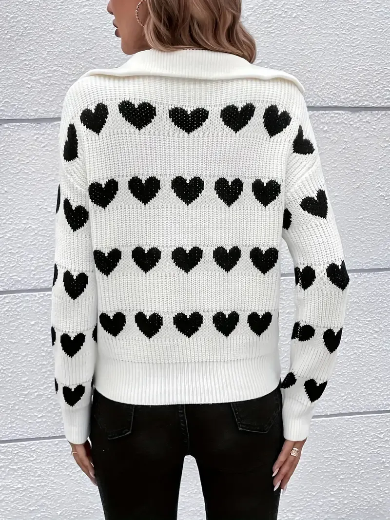Heart Pattern Half Zip Sweater, Casual Long Sleeve Drop Shoulder Sweater, Women's Clothing