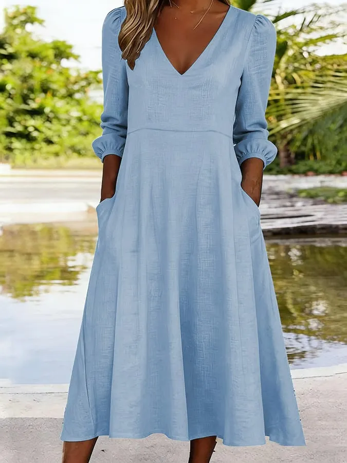 Women's Casual Solid Color V-Neck Cotton And Linen Dress
