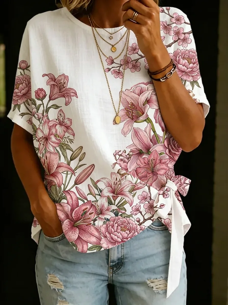 Women's Nashville Floral Lily Printed Tie-Side T-shirt