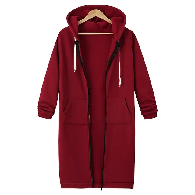 Women's Casual Jacket Fall Hoodie Jacket Warm Windproof Long Coat with Pocket Full Zip Sport Plain Coat Regular Fit Outerwear Long Sleeve Winter Black Blue Pink XL XXL