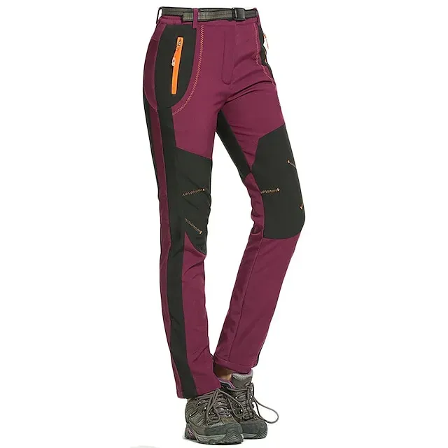 Women's Fleece Lined Pants Waterproof Hiking Pants Black Trousers Softshell Pants Winter Outdoor Thermal Warm Windproof Lightweight Elastic Waist Bottoms Army Green Burgundy Orange Camping