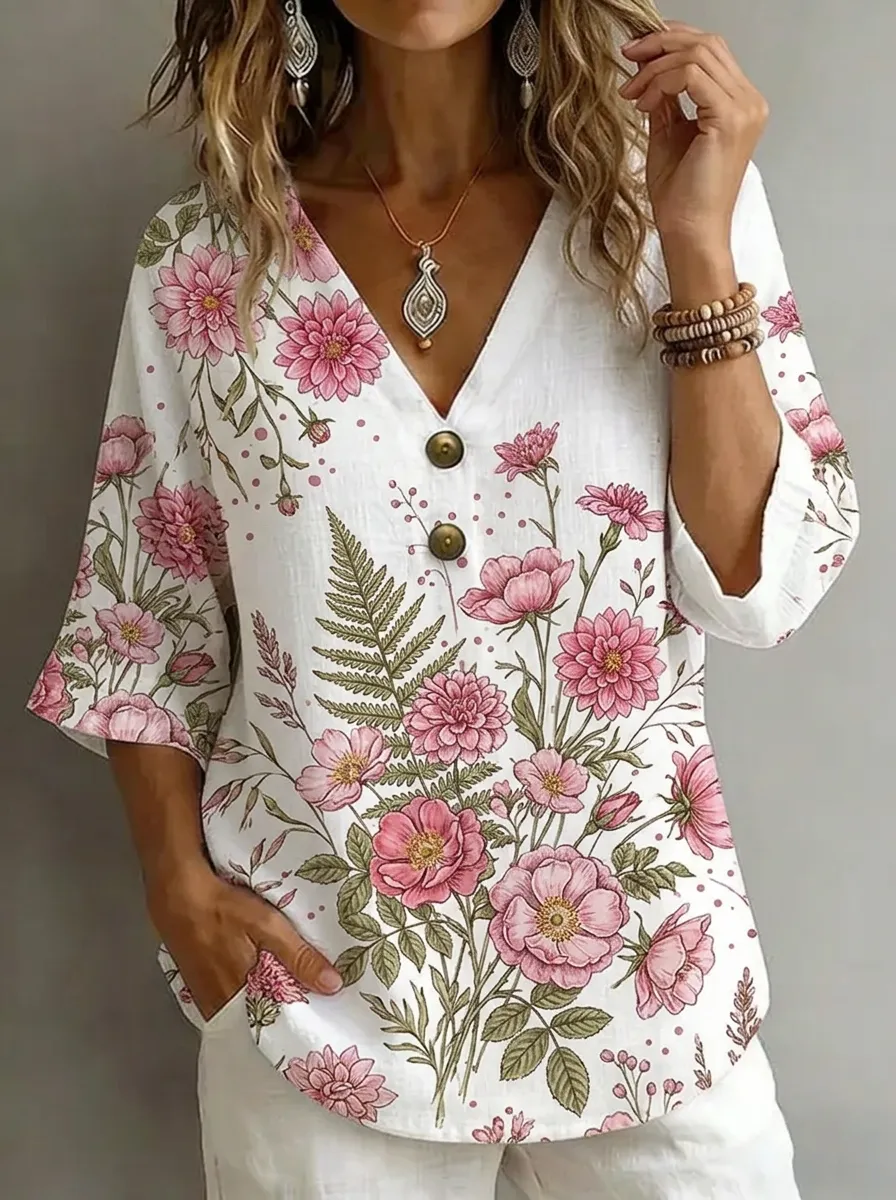 Women's Nashville Floral Botanical Printed V-Neck Button Top
