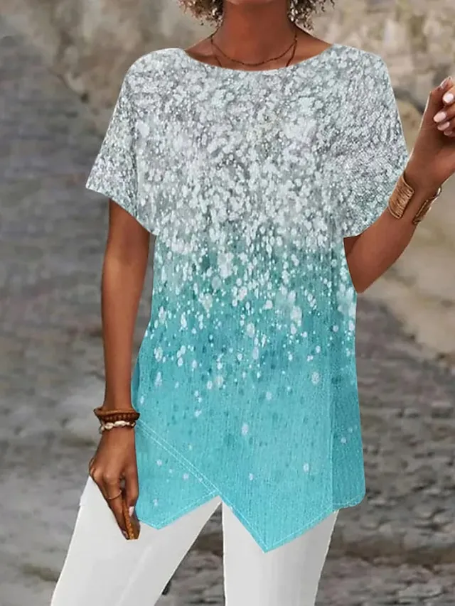 Women's Shirt Blouse Silver Black White Graphic Abstract Asymmetric Print Short Sleeve Casual Basic Round Neck Regular Fit