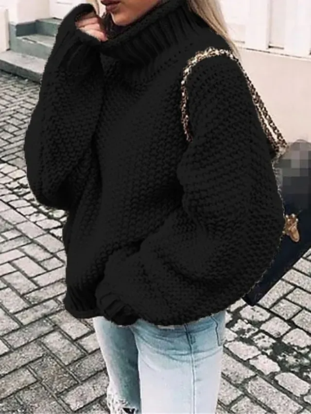 Women's Pullover Sweater Jumper Stylish Casual Soft Solid Color Ribbed Turtleneck Oversized Long Sleeve Regular Tops Knit Daily Going out Weekend Black Pink Fall Winter