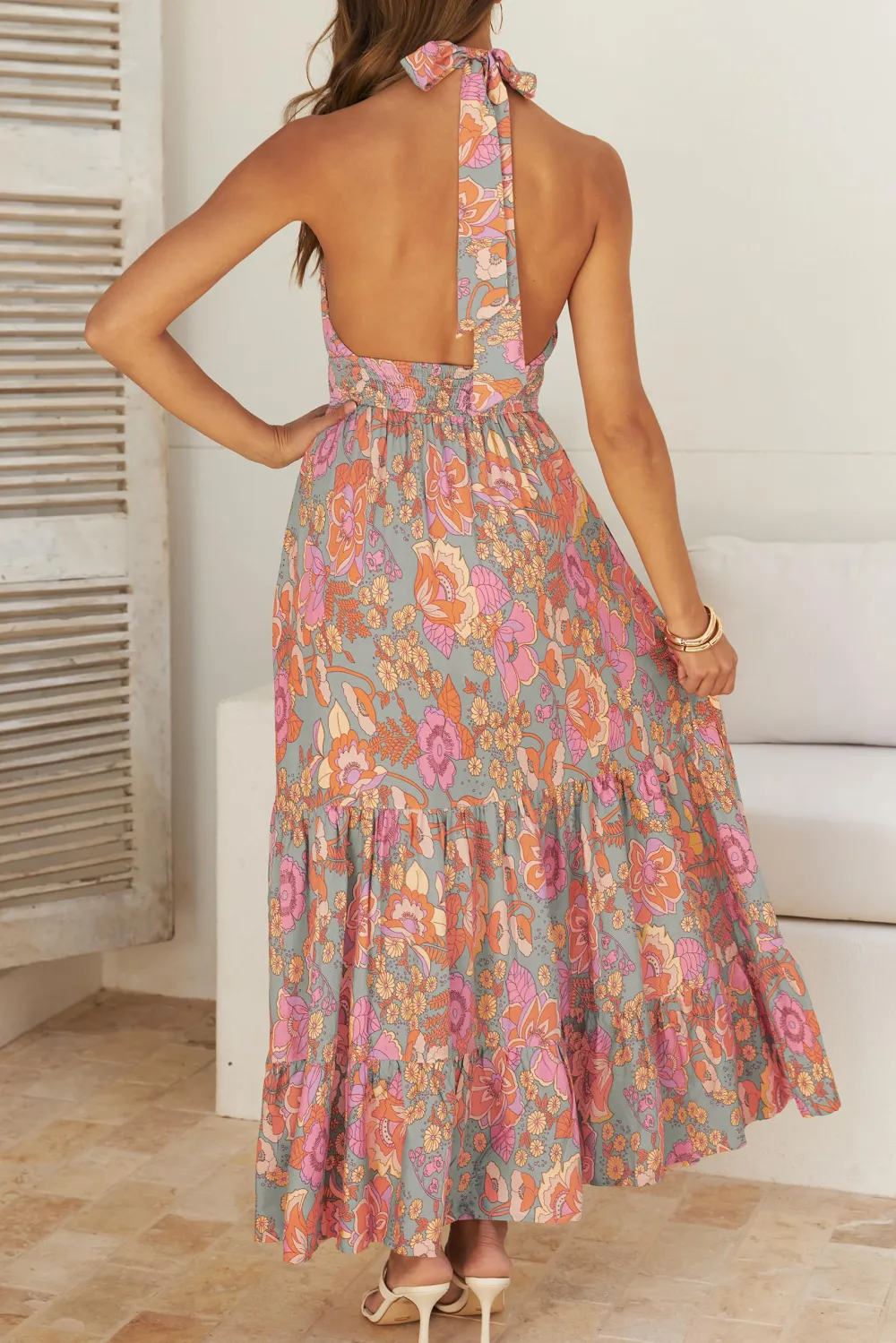 Cross necked flowing A-line long dress - Orange