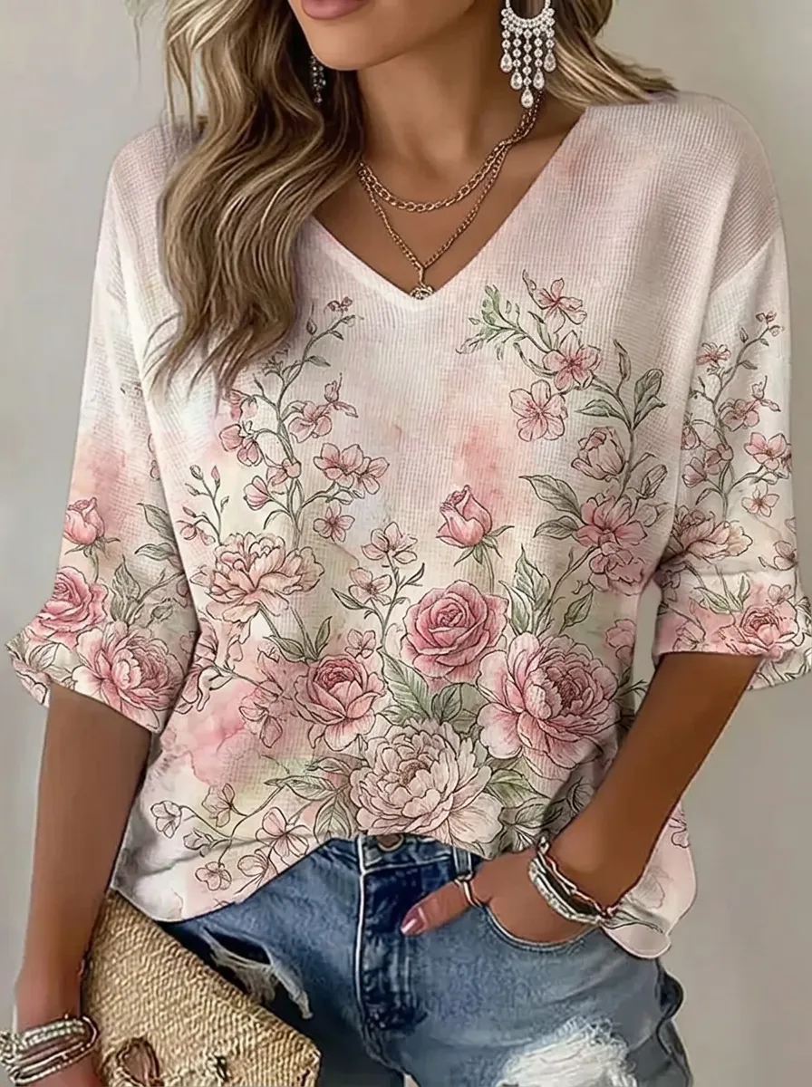 Women's Nashville Floral Rose Printed Waffle Knit V-Neck Top