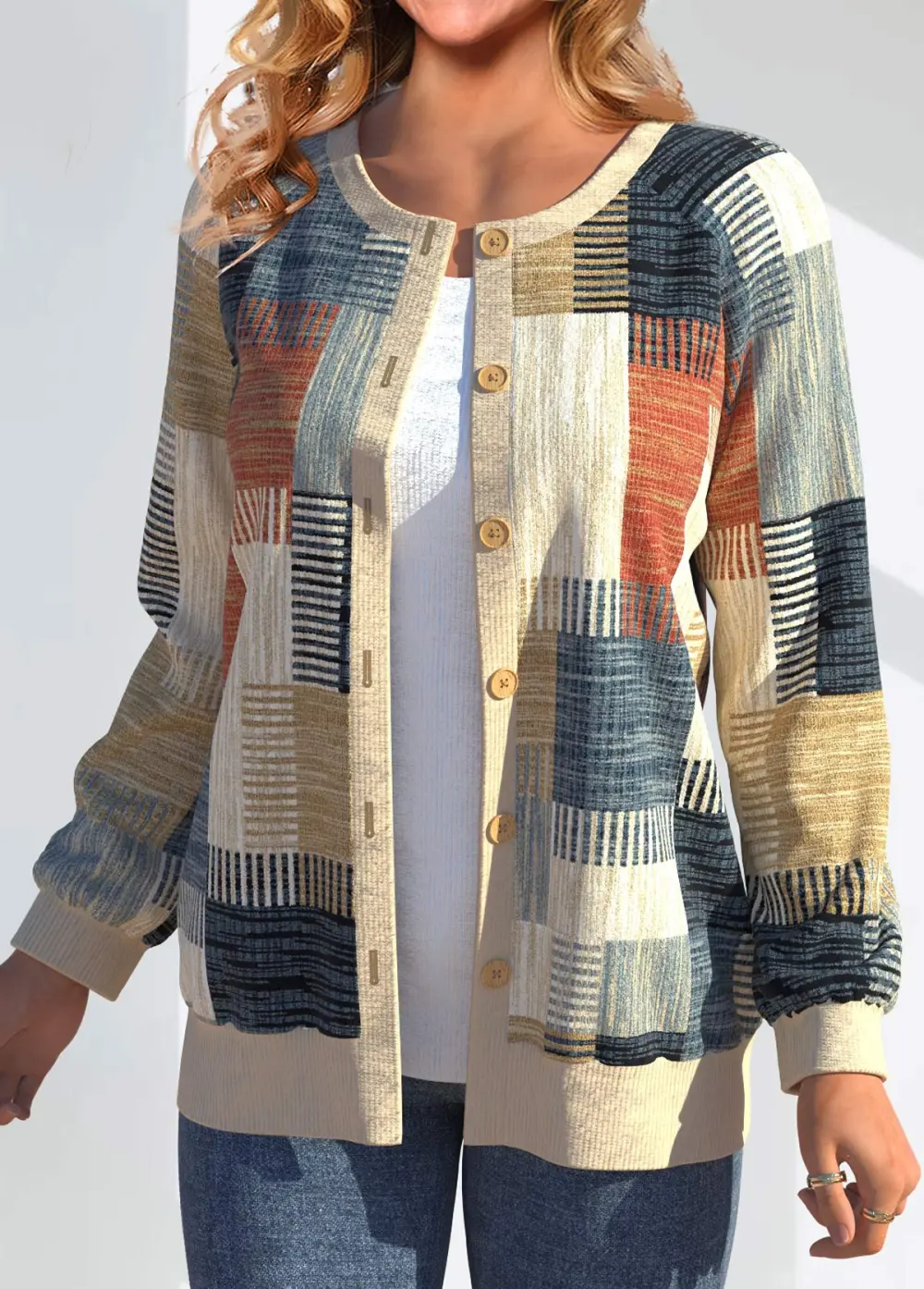 Multi Color Button Geometric Print Long Sleeve Cardigan