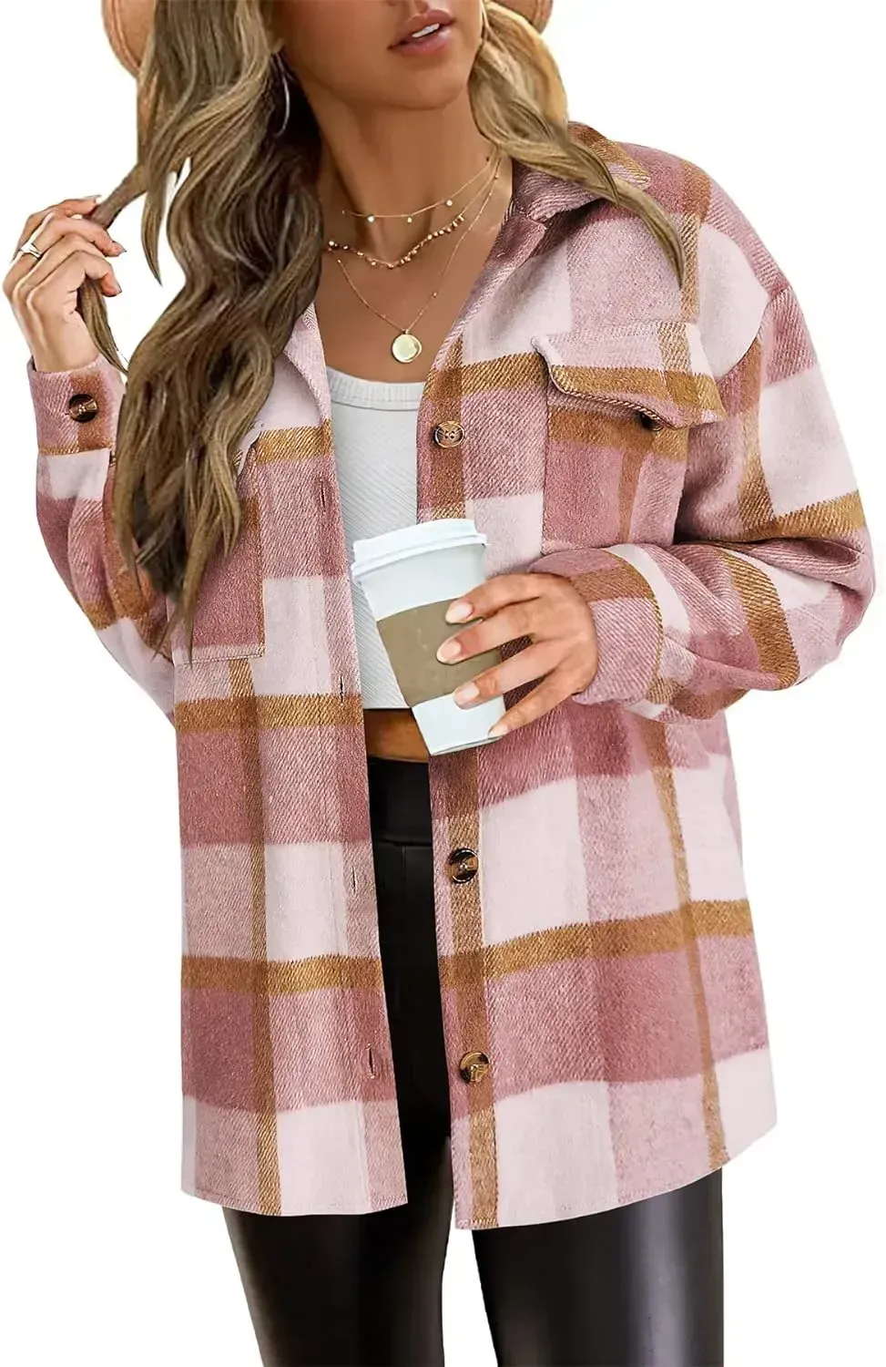 Women's 2023 Fall Clothes Plaid Shacket Jacket Long Sleeve Button Down Flannel Shirts Fashion Blouse