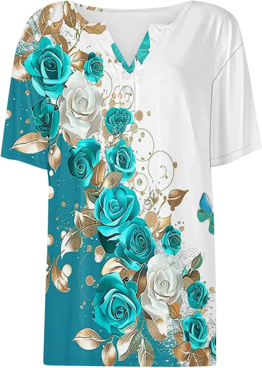 Shirts for Women Casual Printed Summer Tops Short-Sleeved Button V-Neck Tops Blouse Fashion Boho T-Shirts