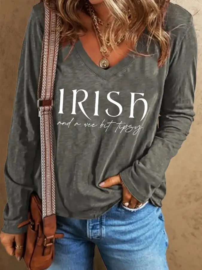 Women's St.Particks Day Funny Drunk Irish And A Wee Bit Tipsy Print Casual Long-Sleeve T-Shirt