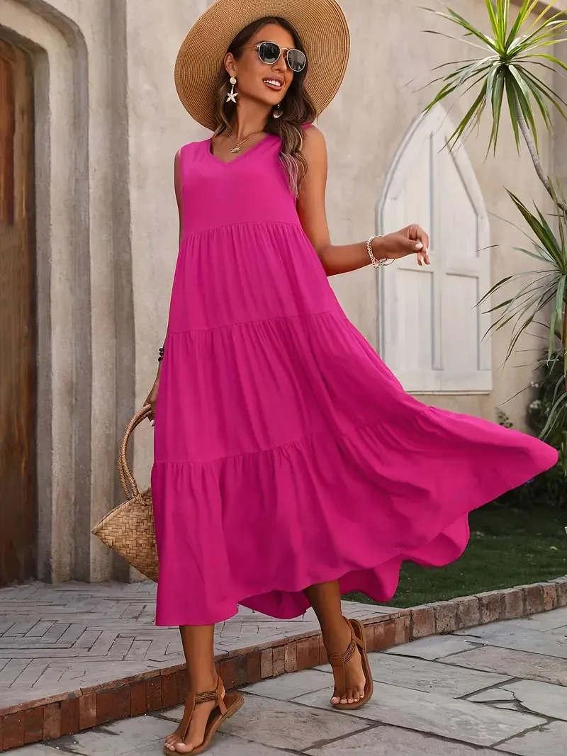 V-Neck Ruffle Hem Sleeveless Dress for Women, Casual Summer Dress for Spring