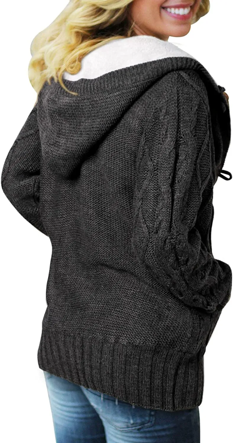 Womens Hooded Cardigans Button Up Cable Knit Sweater Coat Outerwear with Pockets