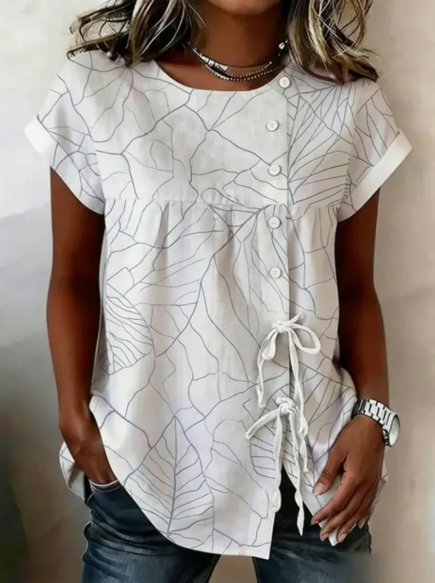 Women's Nashville Travel Leaf Pattern Printed Button-Down Top