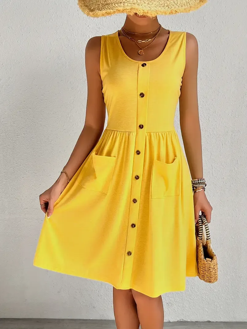 Chic Sleeveless V-Neck Dress for Women - Casual Solid Color with Button Detail, Perfect for Spring & Summer, Machine Washable