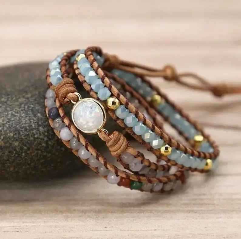 Healing Opal Protection Bracelet-Opal Stone Bead Meditation Bracelet-Natural Opal Moonstone Inspiring Bracelet-Leather Wrap Bracelet Gift