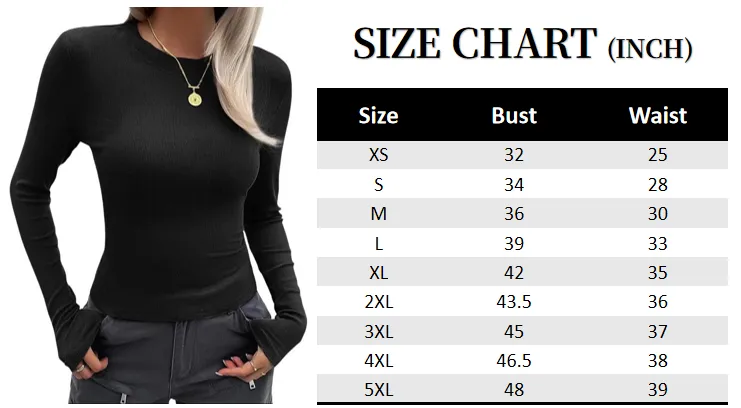 Women Long Sleeve Stretch Slim Round Neck Ribbed Basic Top