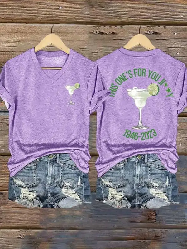 Women's THIS ONE'S FOR YOU JIMMY 1946-2023 Print V-Neck T-Shirt