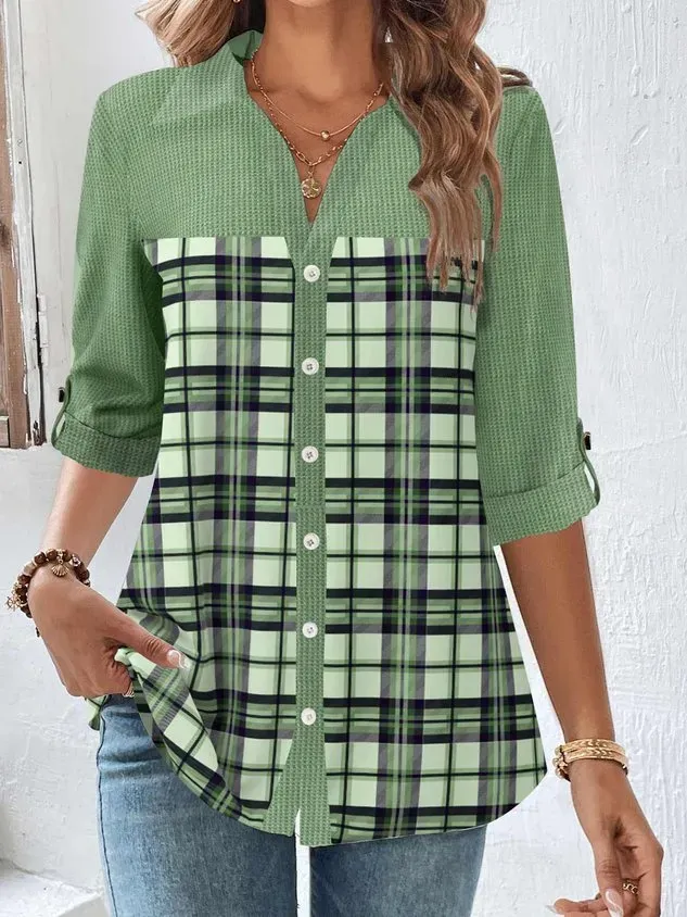 Shirt Collar Long Sleeve Plaid Regular Loose Blouse For Women