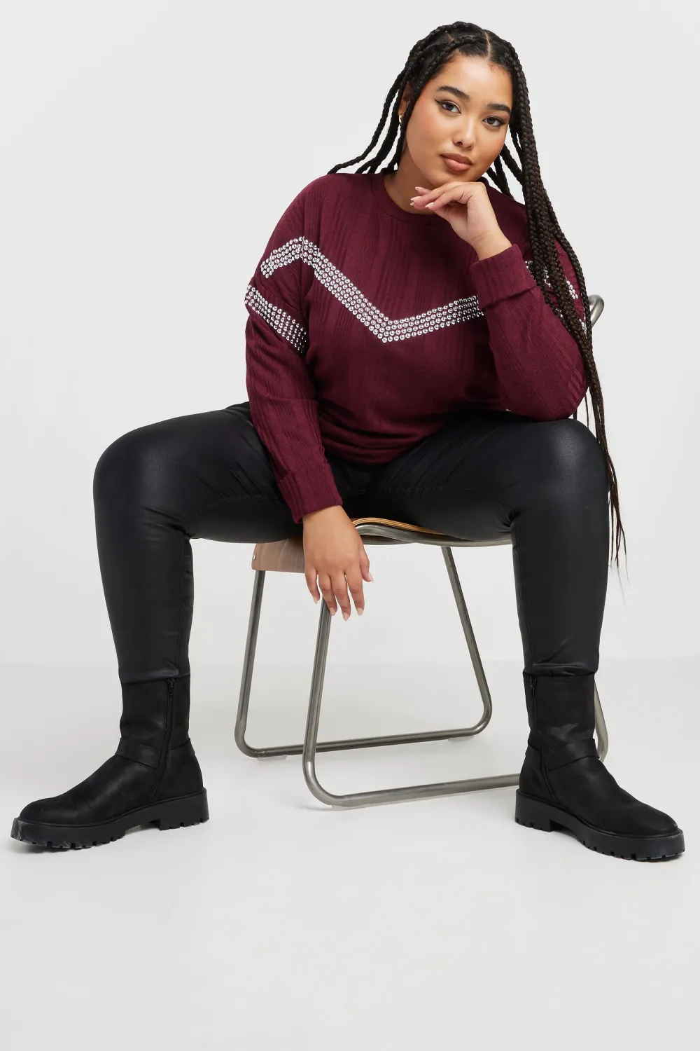 YOURS Curve Grey Ribbed Chevron Stud Jumper