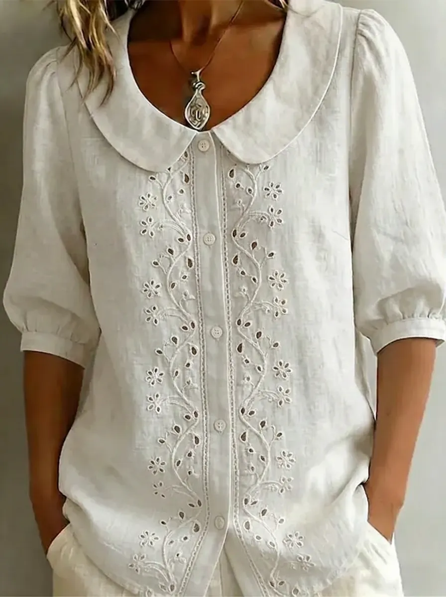 Women's Nashville Floral Embroidery Peter Pan Collar Printed Top