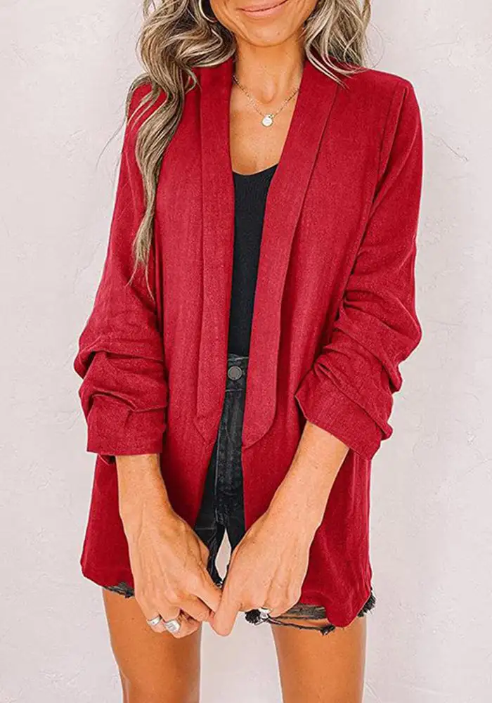Plain Shawl Collar Ruched Sleeve Blazer