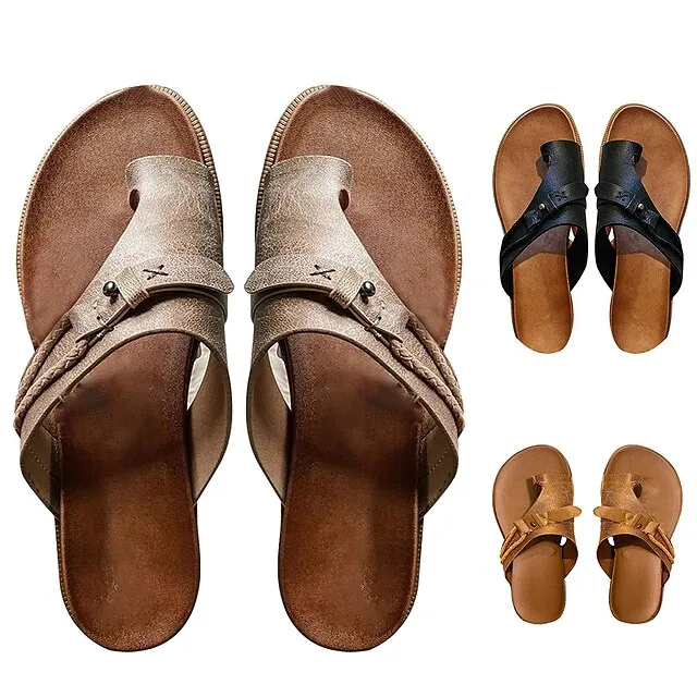 Women's Sandals Orthopedic Sandals Bunion Sandals Plus Size Daily Beach Summer Buckle Flat Heel Casual Faux Leather Loafer Solid Colored Black Brown Gray