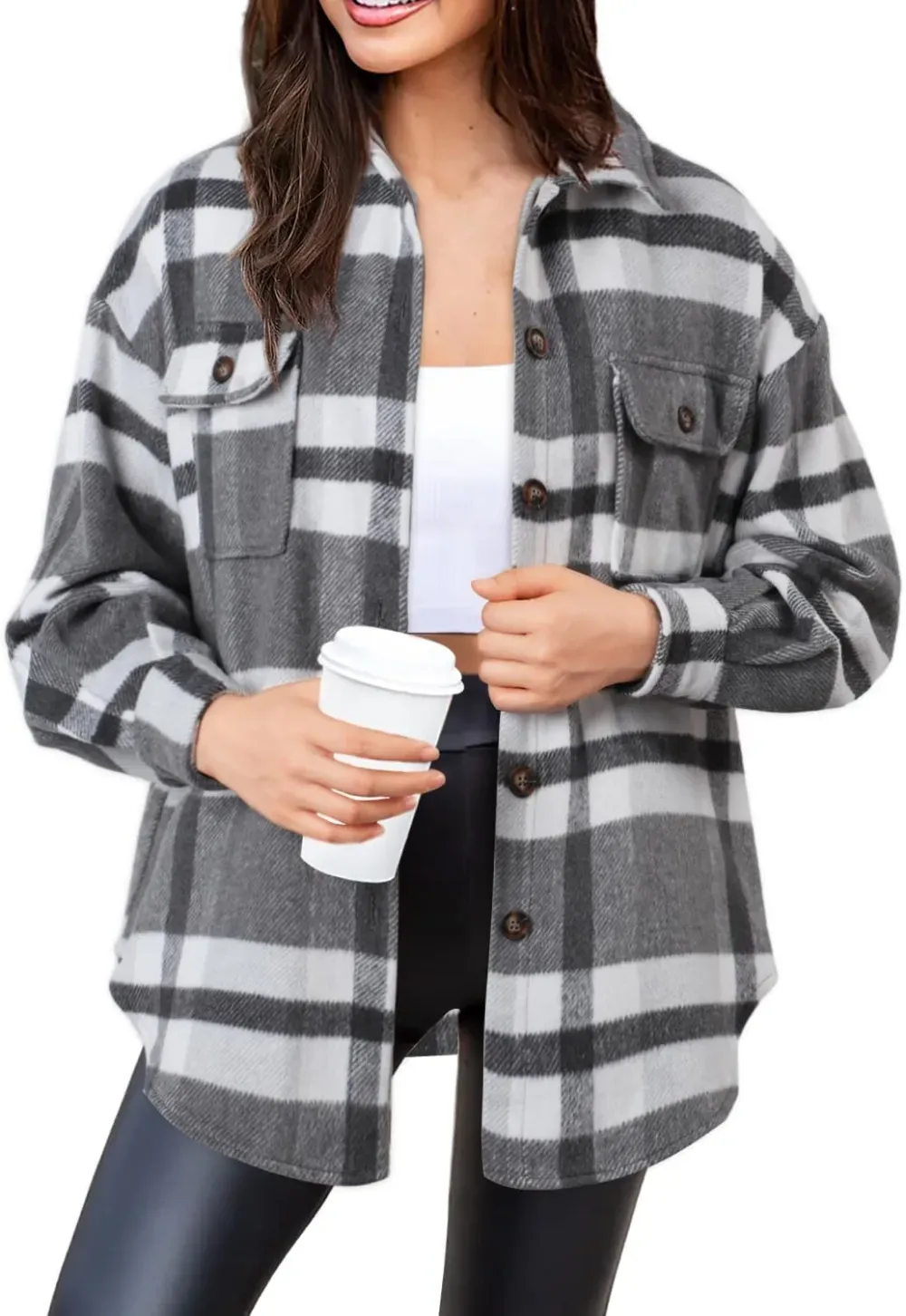 Women's Casual Plaid Flannel Shacket Jacket Oversized Button Down Long Sleeve Fall Shirts Jacket Lapel Coats Tops
