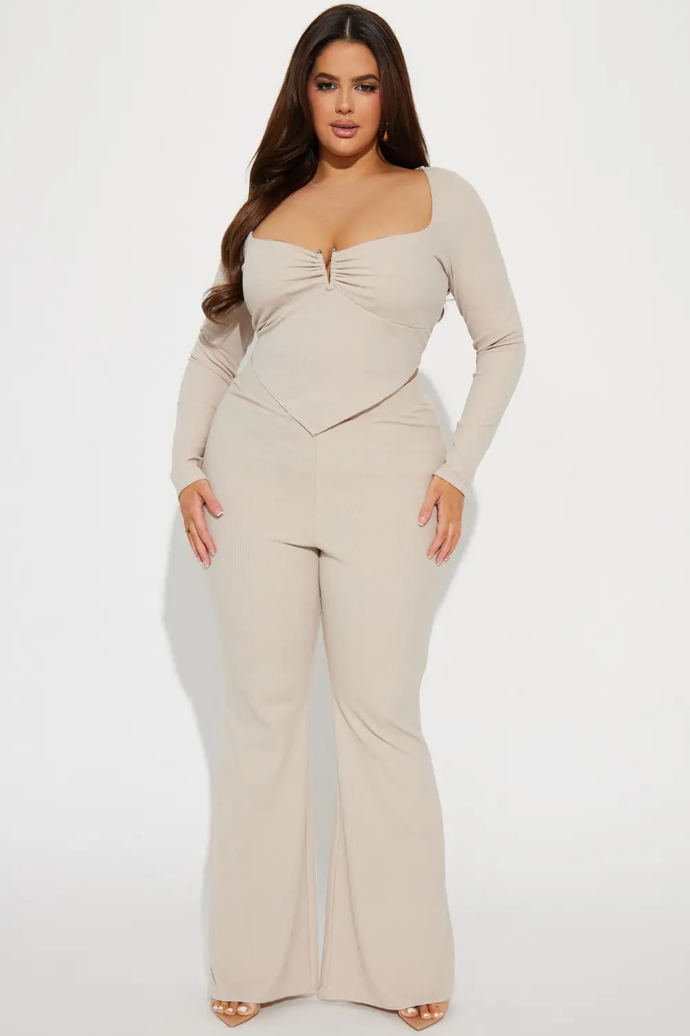 Looking Away Ribbed Pant Set - Beige