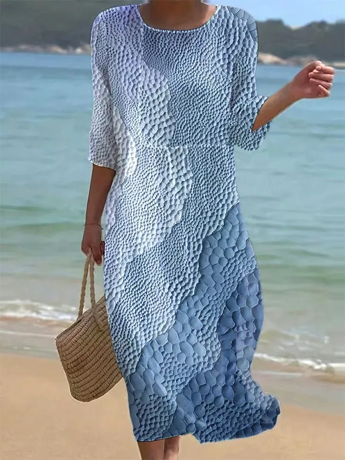Women's Casual Round Neck Mid Sleeve Print Cotton and Linen Dress