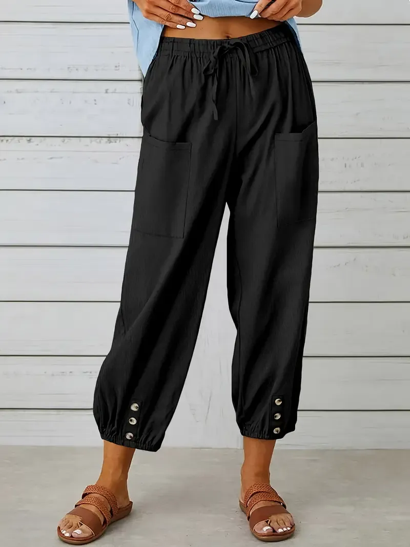 Wide Leg Capri Pants with Drawstring Waist, Loose Casual Women's Pants
