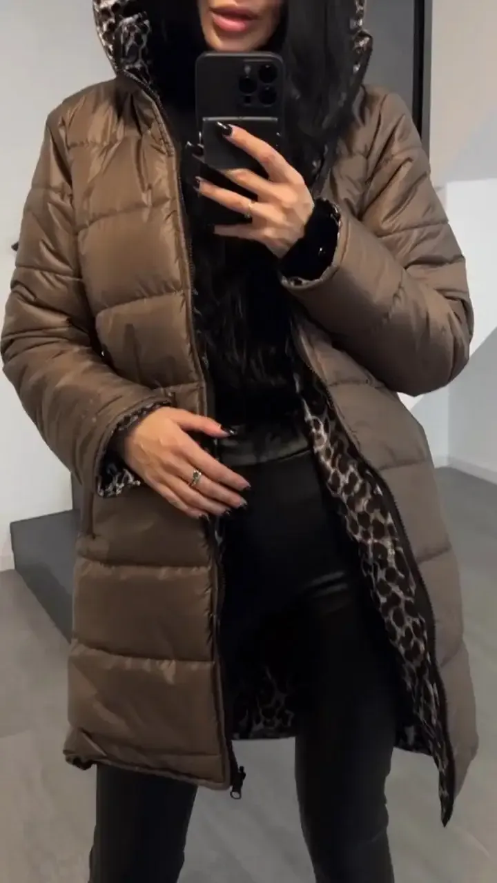 Women's Hooded Leopard  + Solid Color Double-Sided Cotton Coat