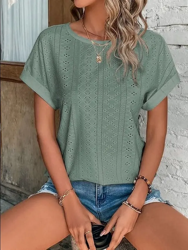 Women's T shirt Tee White Eyelet Tops Light Blue Black White Plain Cut Out Short Sleeve Daily Weekend Basic Round Neck Regular Cotton S