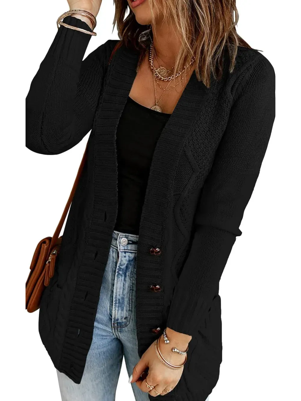 Womens Long Sleeve Open Front Buttons Cable Knit Pocket Sweater Cardigan