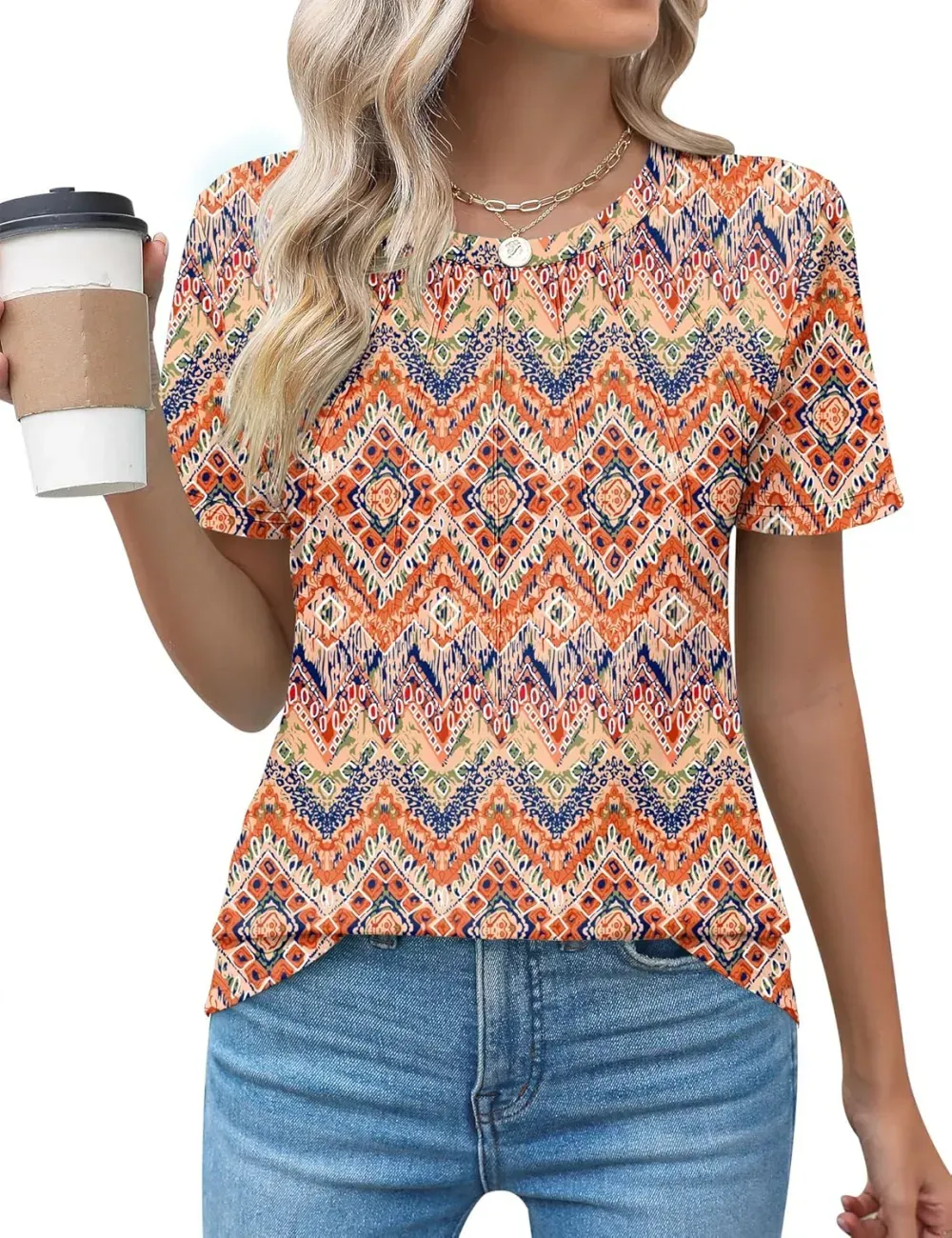 Kistore Womens Casual Crew Neck Short Sleeve Pleated Tops Blouses Fashion Clothes 2024