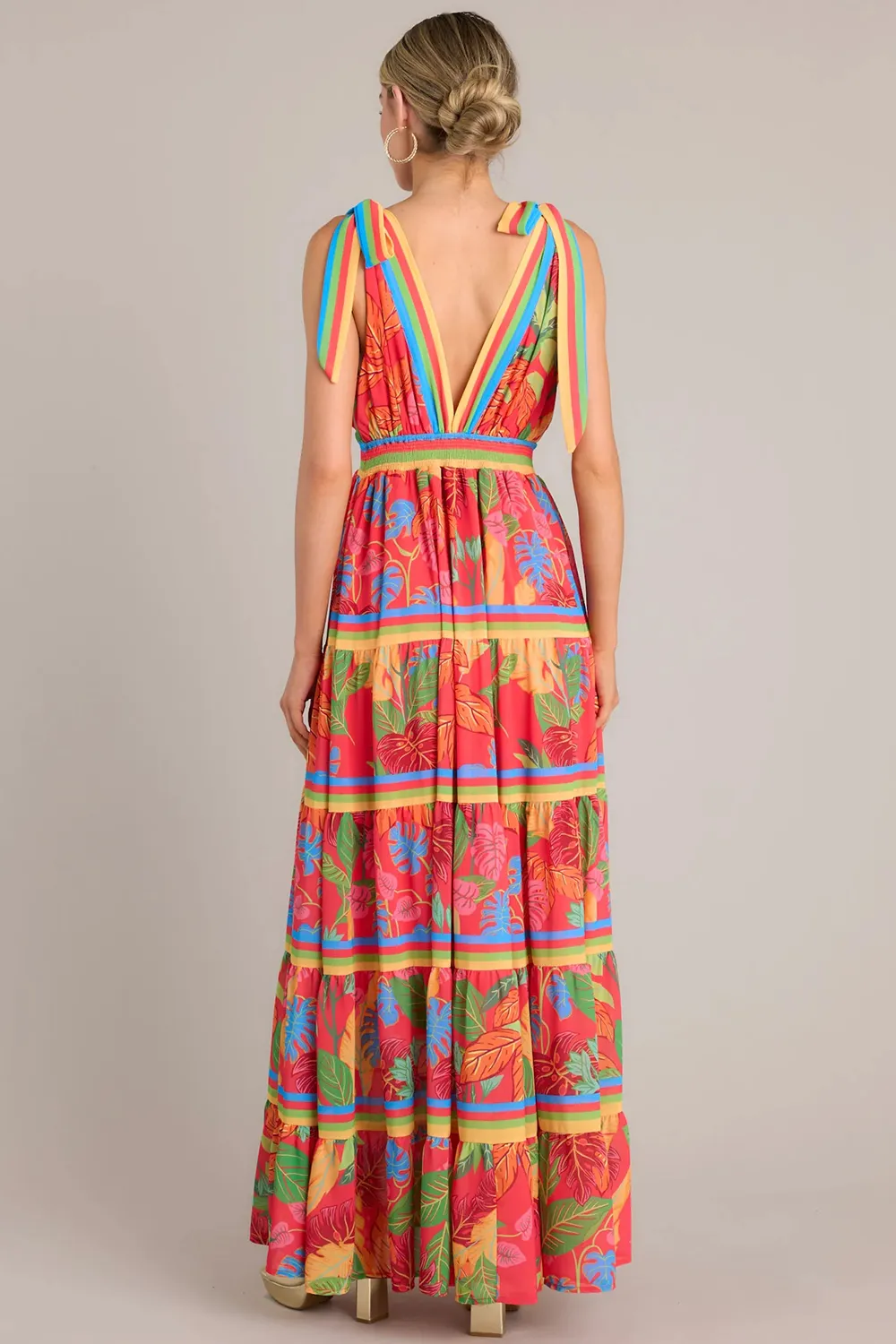 Flow Like Leaves Red Print Maxi Dress