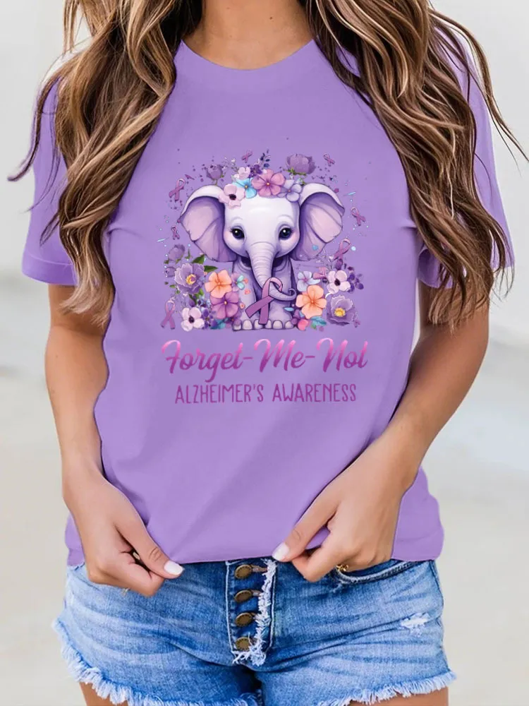 Women'S T-Shirt Forget Me Not Alzheimer'S Awareness Elephant Flower Print