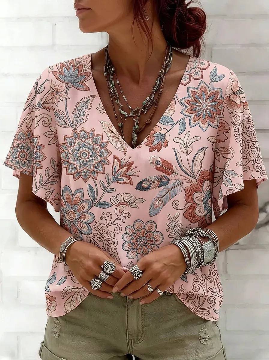 Women's Nashville Boho Floral Feather Printed V-neck Top