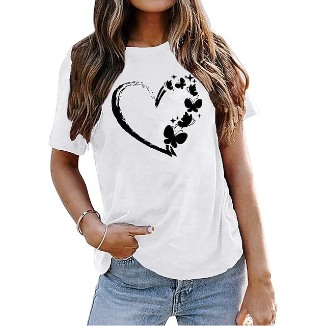 Women's T shirt Tee Cotton 100% Cotton Butterfly Heart pea green Black White Basic Print Short Sleeve Home Daily Date Basic Round Neck Regular Fit T-shirt Sleeve Summer