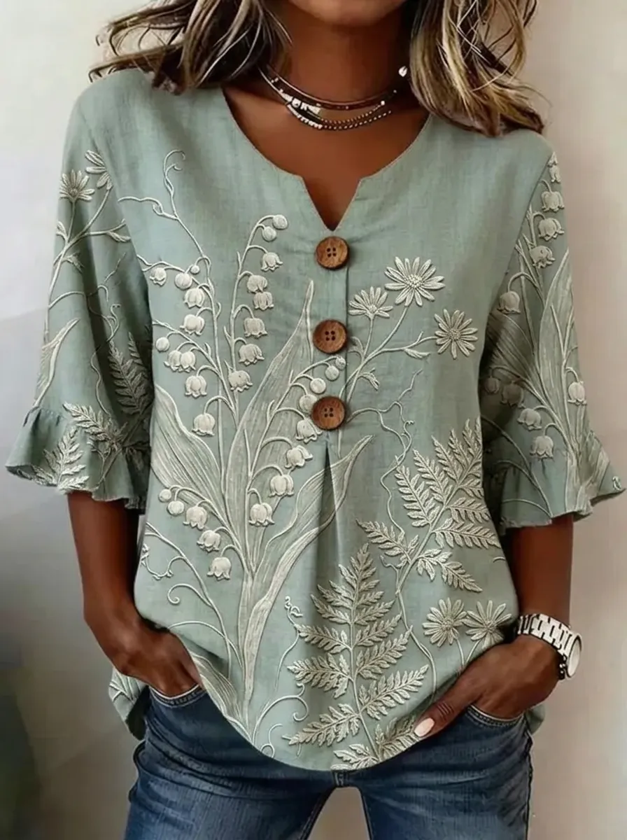Women's Nashville Floral Lily Embroidered Buttoned Printed Top