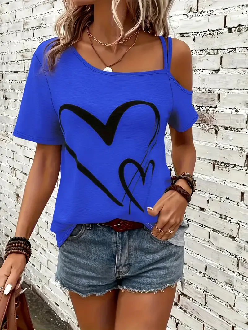 Heart Print Slant Shoulder T-shirt, Casual Short Sleeve Top For Spring & Summer, Women's Clothing