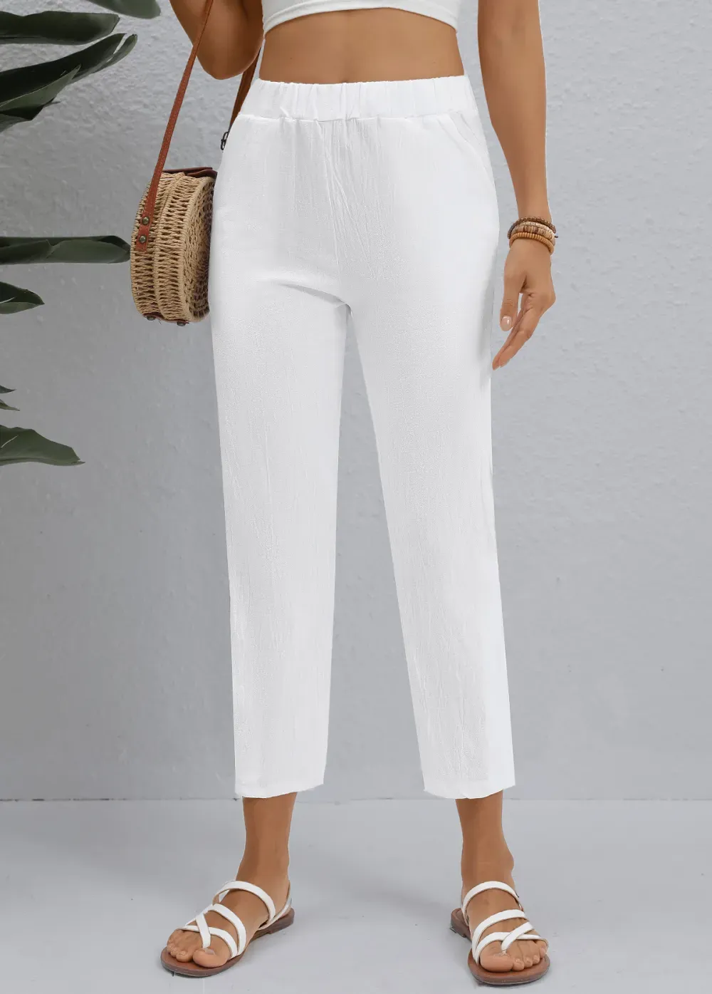 White Button Elastic Waist High Waisted Pants