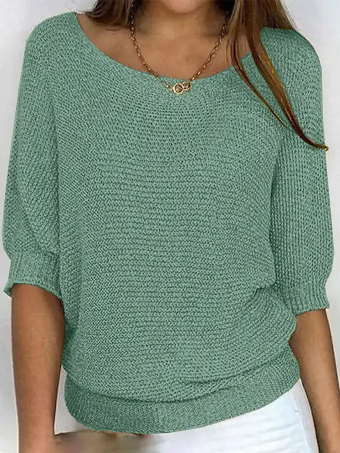 Women's solid color casual loose three-quarter sleeve sweater