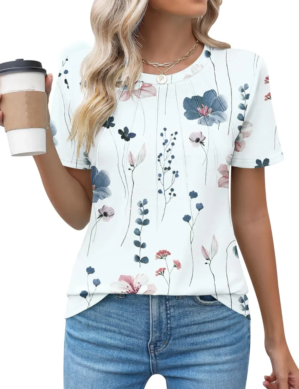 Kistore Womens Casual Crew Neck Short Sleeve Pleated Tops Blouses Fashion Clothes 2024