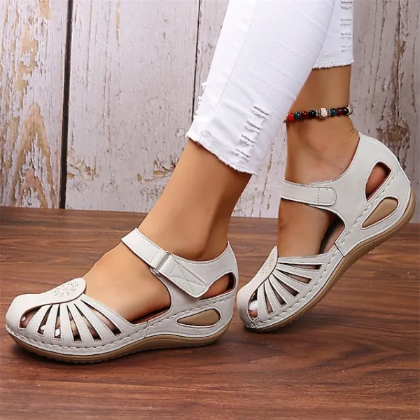 Women's Sandals Wedge Sandals Plus Size Barefoot Sandals Outdoor Beach Summer Cut Out Platform Wedge Heel Round Toe Casual Minimalism Faux Leather Buckle Solid Color dark brown White khaki