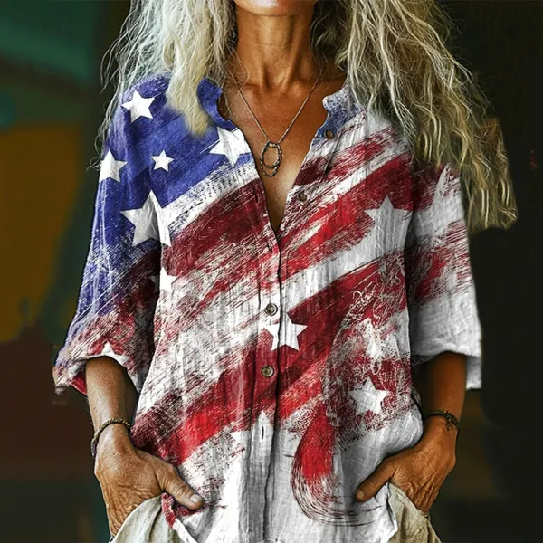 Women's Vintage Independence Day Flag Button-down Shirt